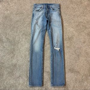 Men's LEVIS 501 Light Wash DISTRESSED Cotton BUTTON FLY Classic JEANS 28 x 34